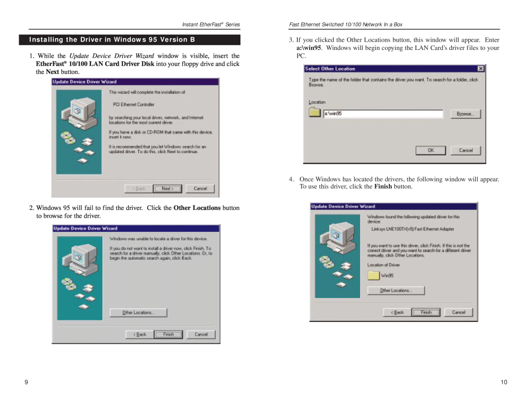 Linksys FESWSK05 v3, EZXS55W manual Installing the Driver in Windows 95 Version B 