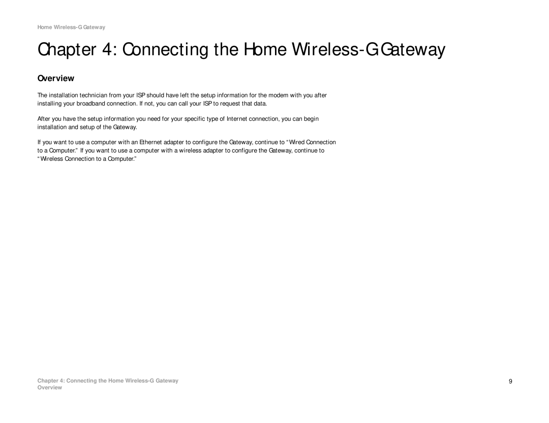 Linksys HG200 manual Connecting the Home Wireless-G Gateway, Overview 