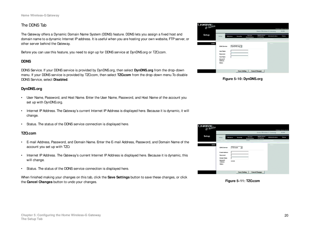 Linksys HG200 manual Ddns Tab, DynDNS.org, TZO.com 