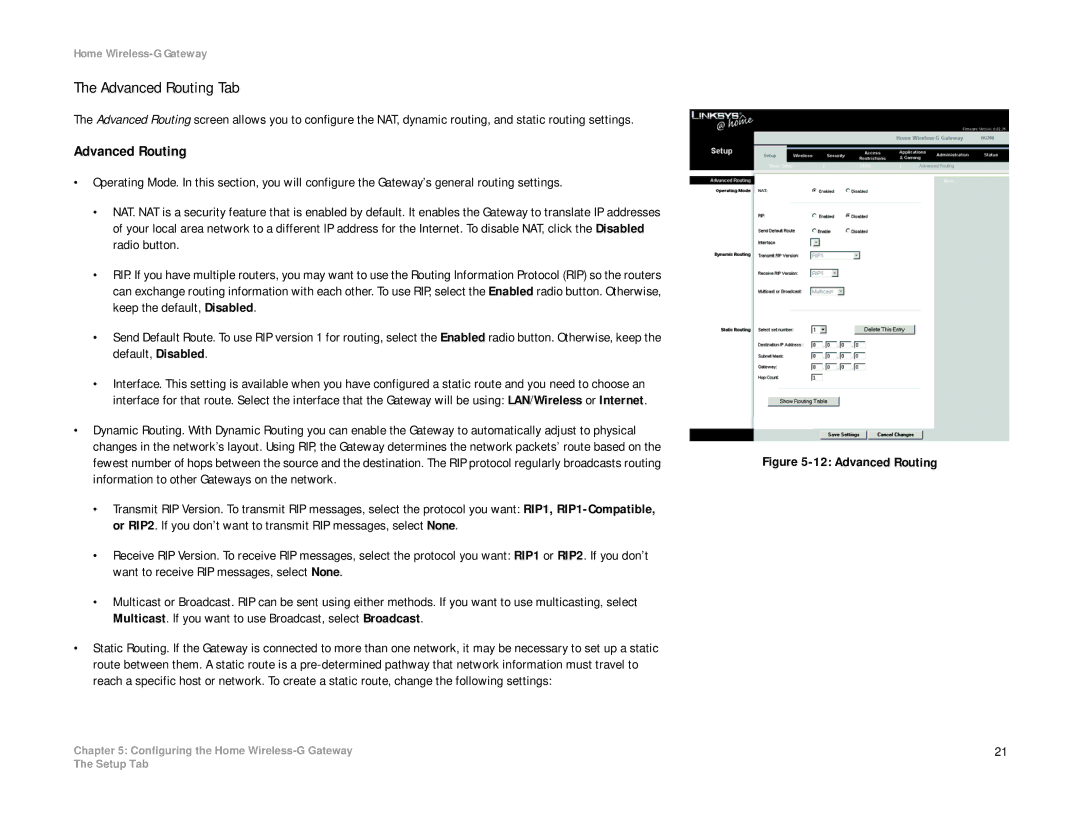 Linksys HG200 manual Advanced Routing Tab 