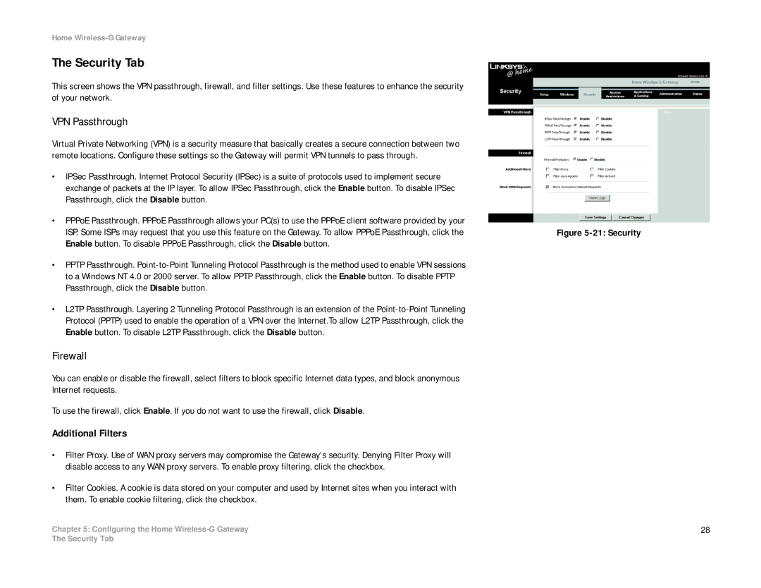 Linksys HG200 manual Security Tab, VPN Passthrough, Firewall, Additional Filters 