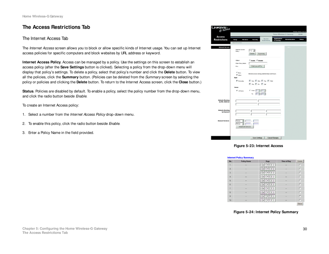 Linksys HG200 manual Access Restrictions Tab, Internet Access Tab 