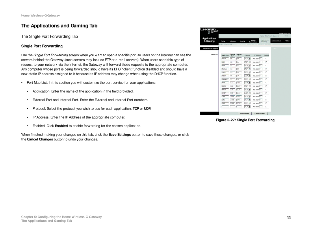Linksys HG200 manual Applications and Gaming Tab, Single Port Forwarding Tab 