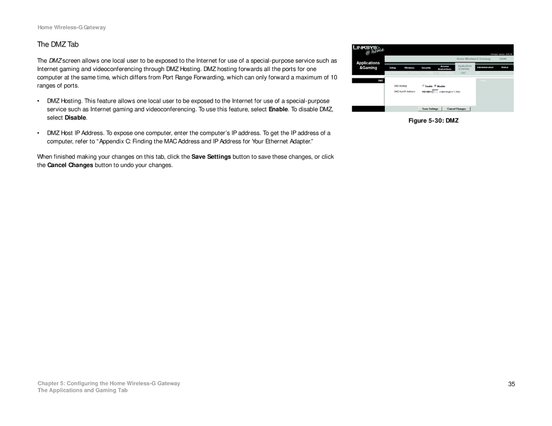 Linksys HG200 manual DMZ Tab, 30 DMZ 
