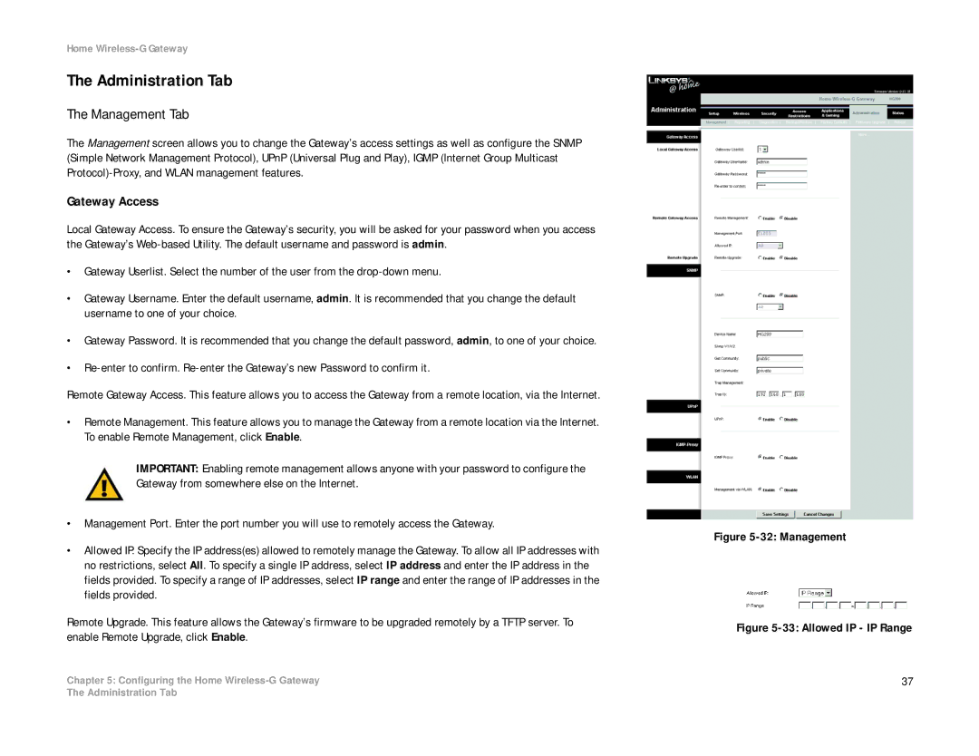 Linksys HG200 manual Administration Tab, Management Tab, Gateway Access 