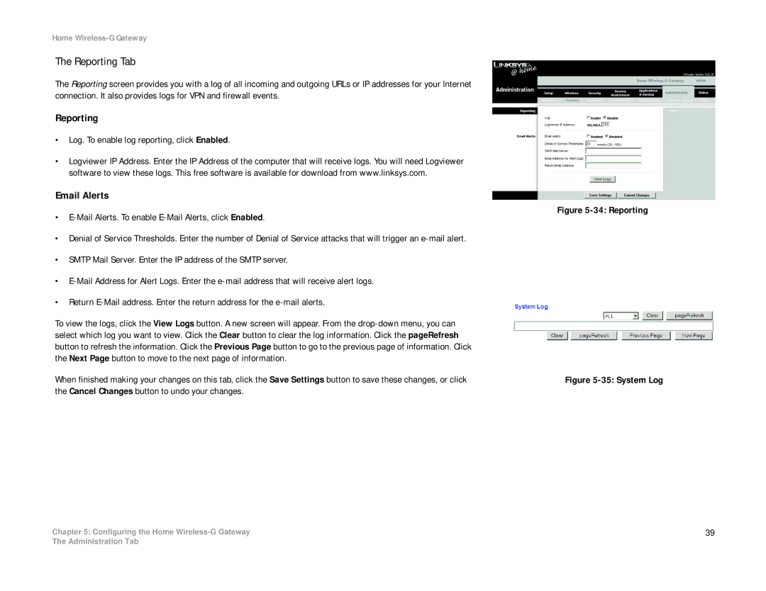 Linksys HG200 manual Reporting Tab, Email Alerts 