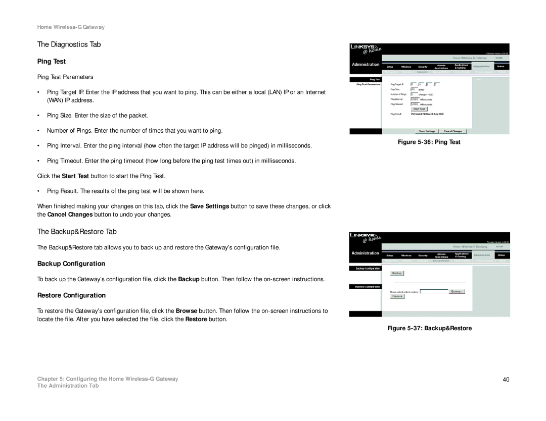 Linksys HG200 manual Diagnostics Tab, Backup&Restore Tab, Ping Test, Backup Configuration, Restore Configuration 