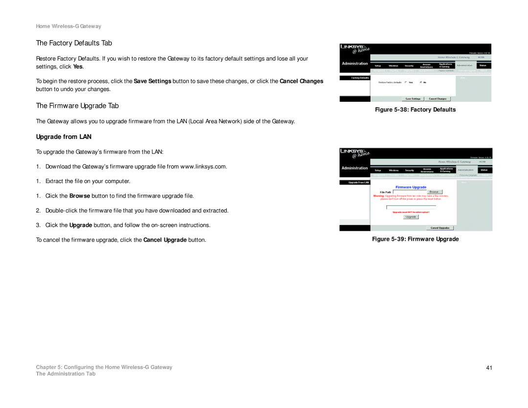 Linksys HG200 manual Factory Defaults Tab, Firmware Upgrade Tab, Upgrade from LAN 