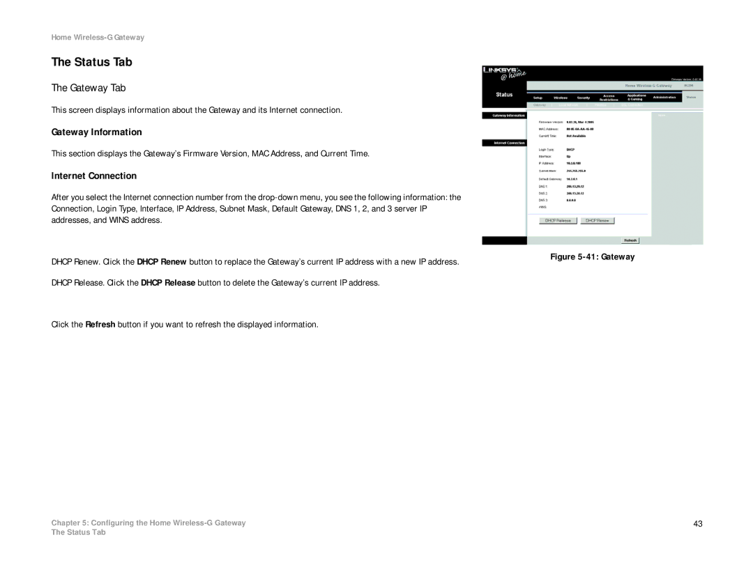 Linksys HG200 manual Status Tab, Gateway Tab, Gateway Information, Internet Connection 