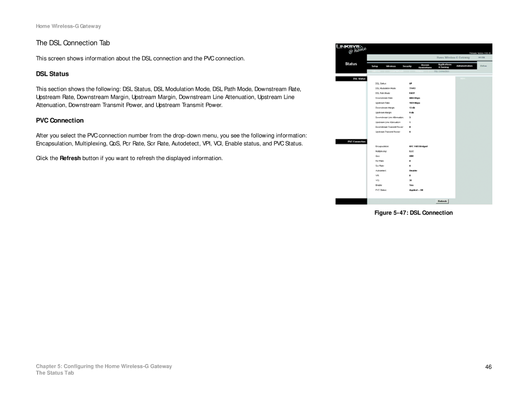 Linksys HG200 manual DSL Connection Tab, DSL Status, PVC Connection 