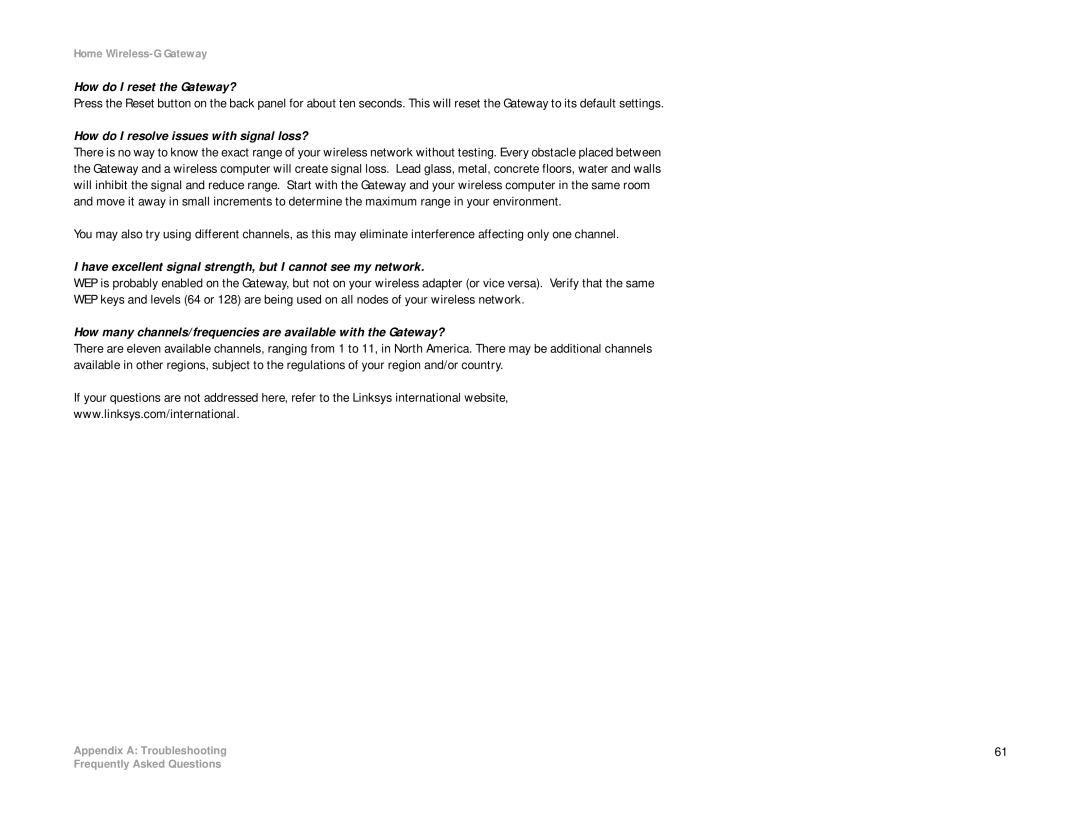 Linksys HG200 manual How do I reset the Gateway?, How do I resolve issues with signal loss? 