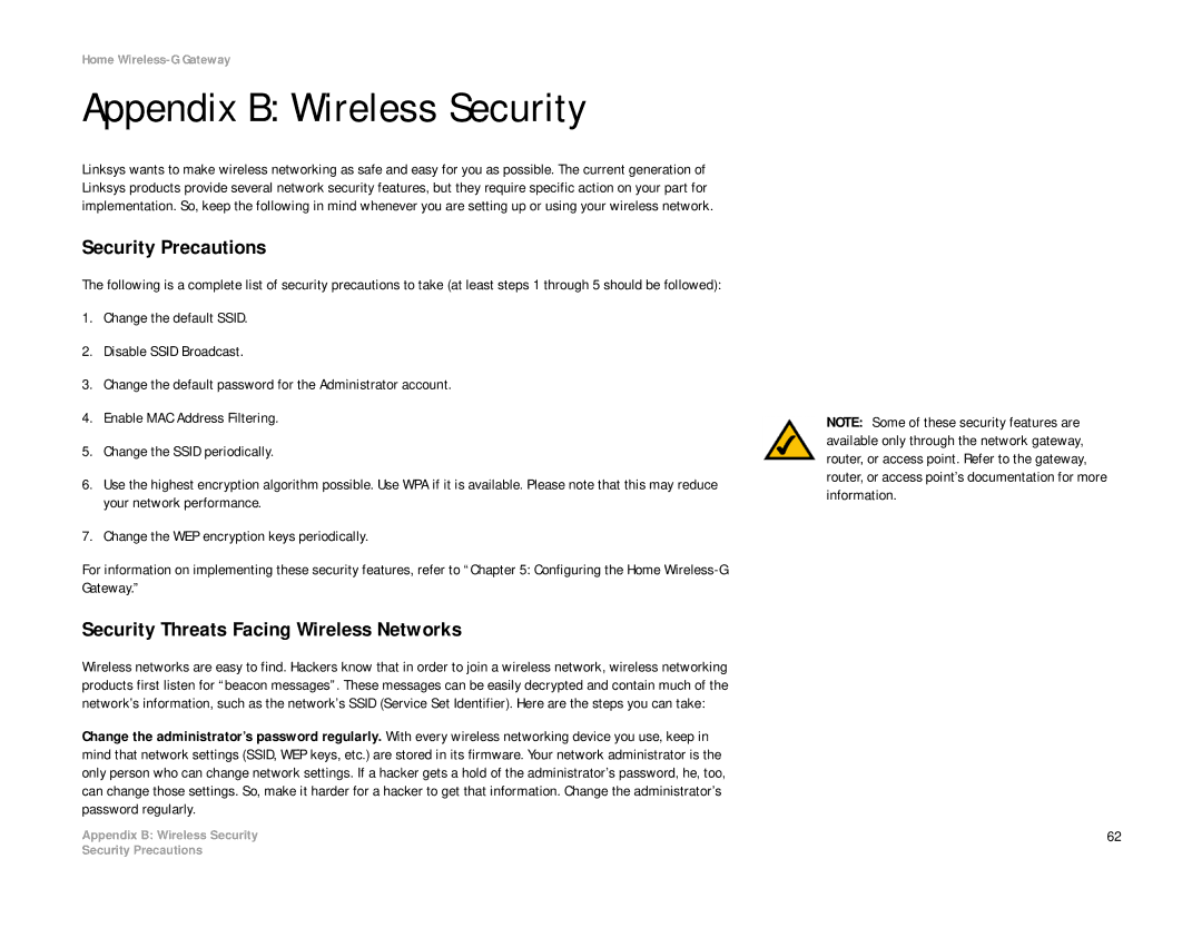 Linksys HG200 manual Appendix B Wireless Security, Security Precautions, Security Threats Facing Wireless Networks 