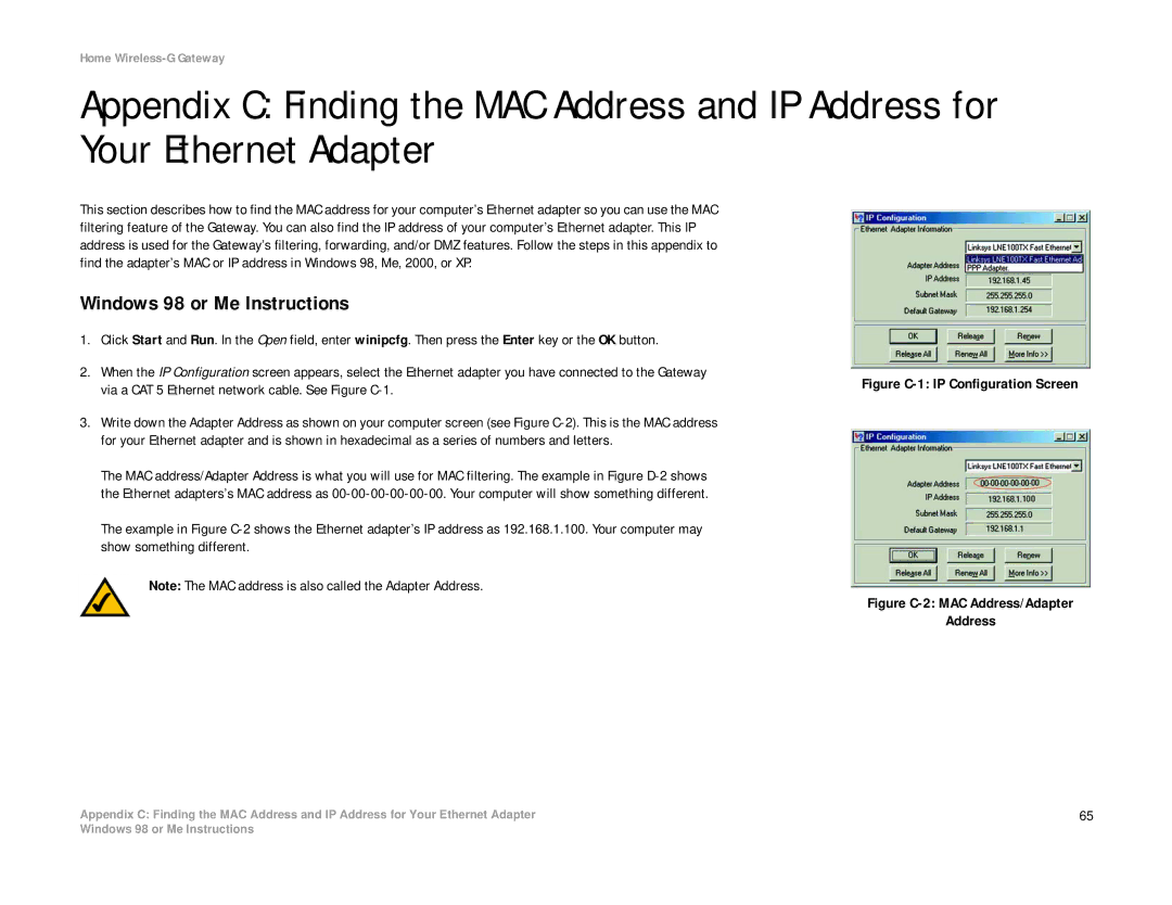 Linksys HG200 manual Windows 98 or Me Instructions, Figure C-1 IP Configuration Screen 