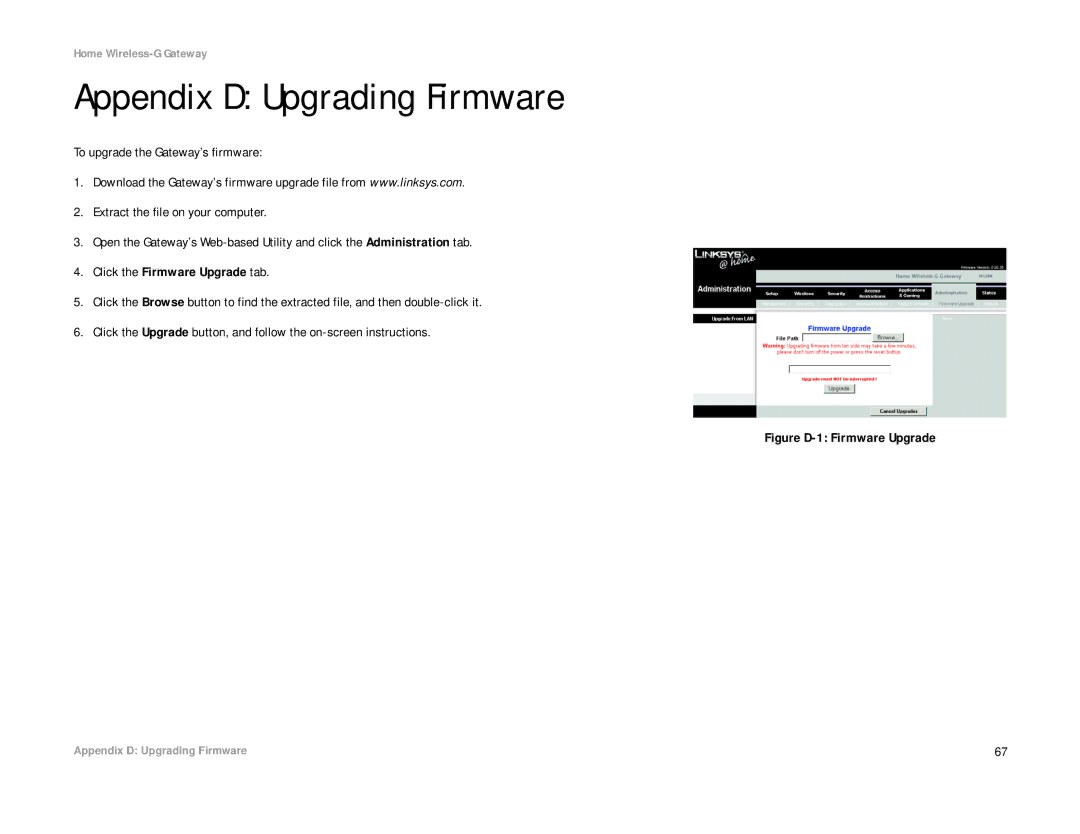 Linksys HG200 manual Appendix D Upgrading Firmware, Figure D-1 Firmware Upgrade 