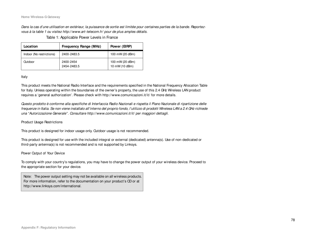 Linksys HG200 manual Applicable Power Levels in France, Location Frequency Range MHz Power Eirp 