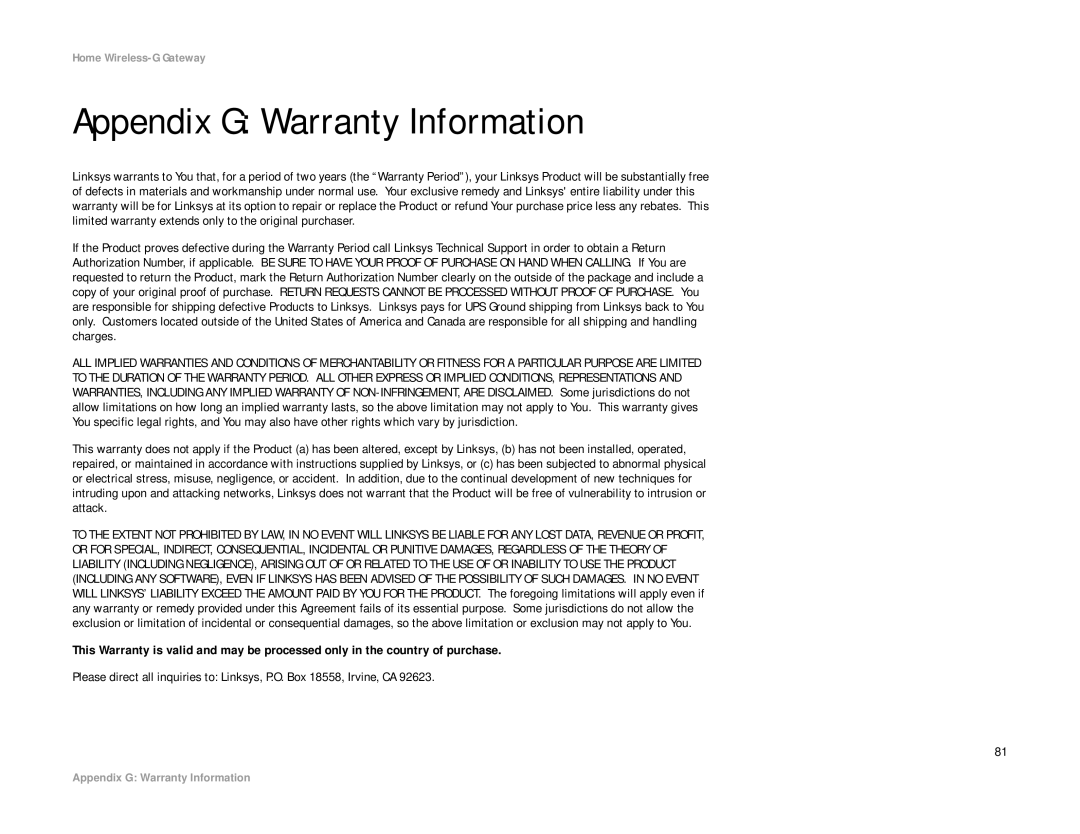 Linksys HG200 manual Appendix G Warranty Information 