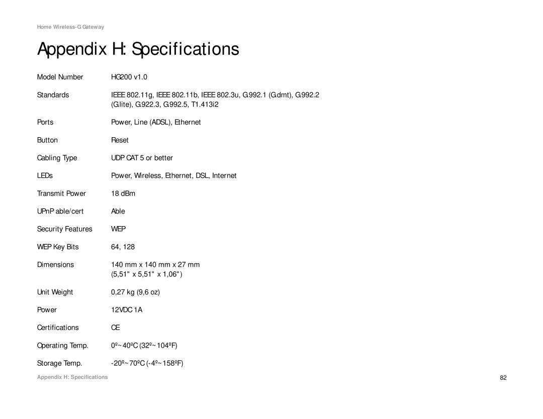 Linksys manual Appendix H Specifications, Model Number HG200 Standards, Lite, G.922.3, G.992.5, T1.413i2 