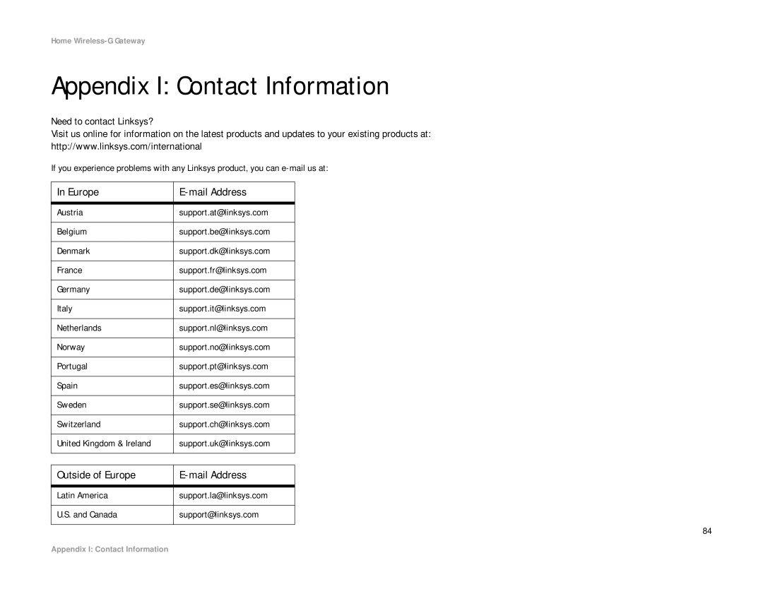 Linksys HG200 manual Appendix I Contact Information, Outside of Europe Mail Address 