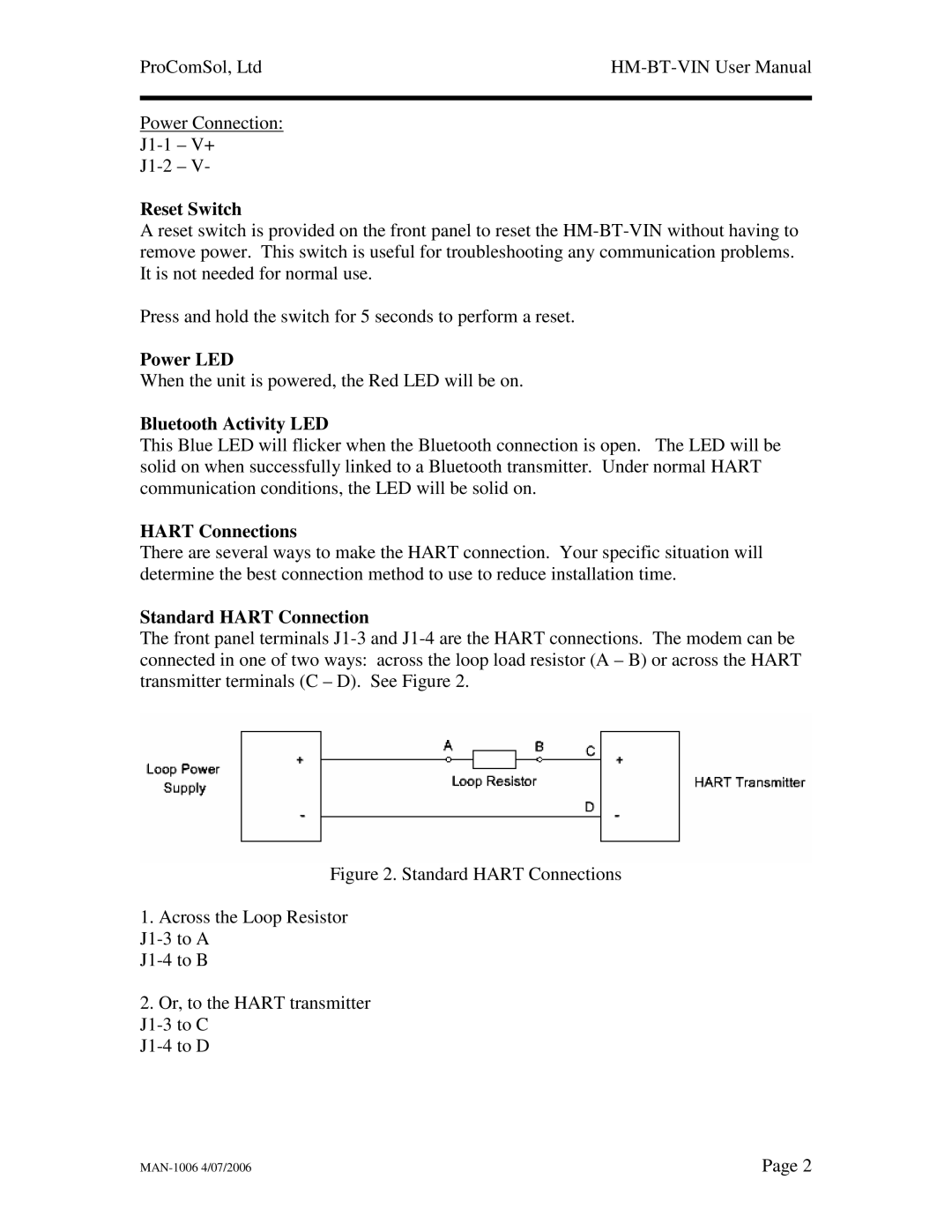 Linksys HM-BT-VIN user manual Reset Switch, Power LED, Bluetooth Activity LED, Hart Connections, Standard Hart Connection 