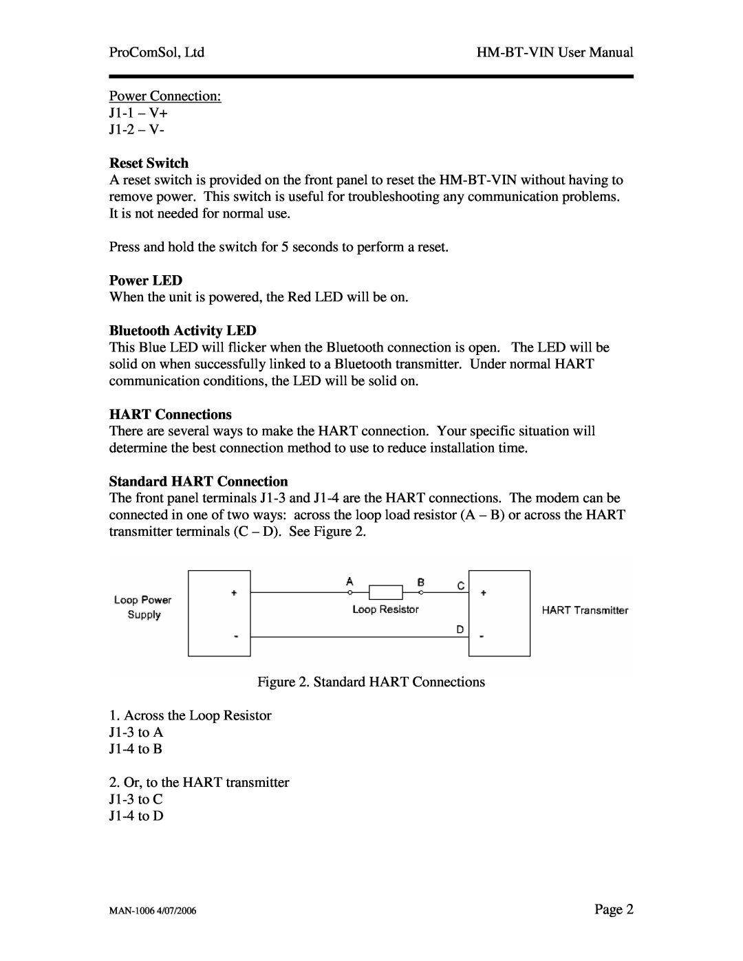 Linksys HM-BT-VIN user manual Reset Switch, Power LED, Bluetooth Activity LED, HART Connections, Standard HART Connection 