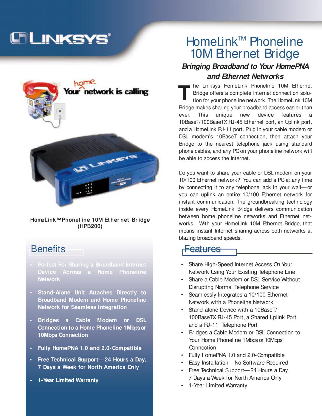 Linksys HPB200 warranty HomeLinkTM Phoneline 10M Ethernet Bridge, Benefits, Features, Ethernet Networks 