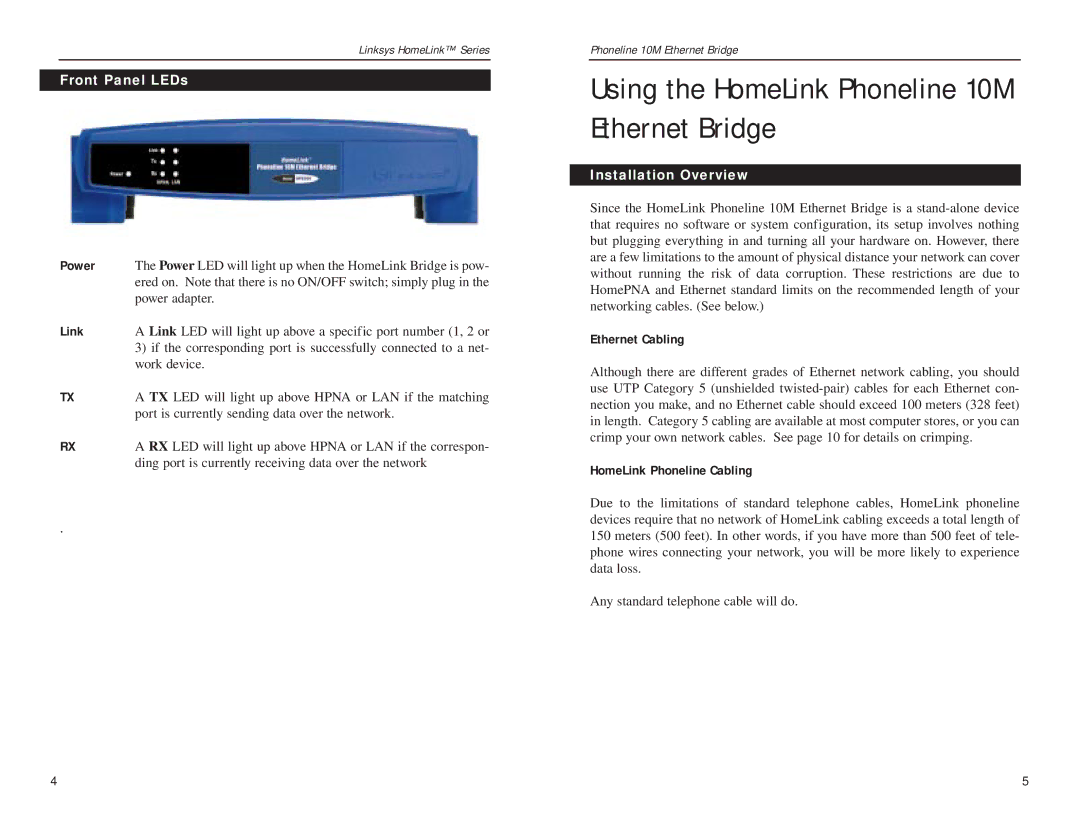 Linksys HPB200 manual Using the HomeLink Phoneline 10M Ethernet Bridge, Front Panel LEDs, Installation Overview 