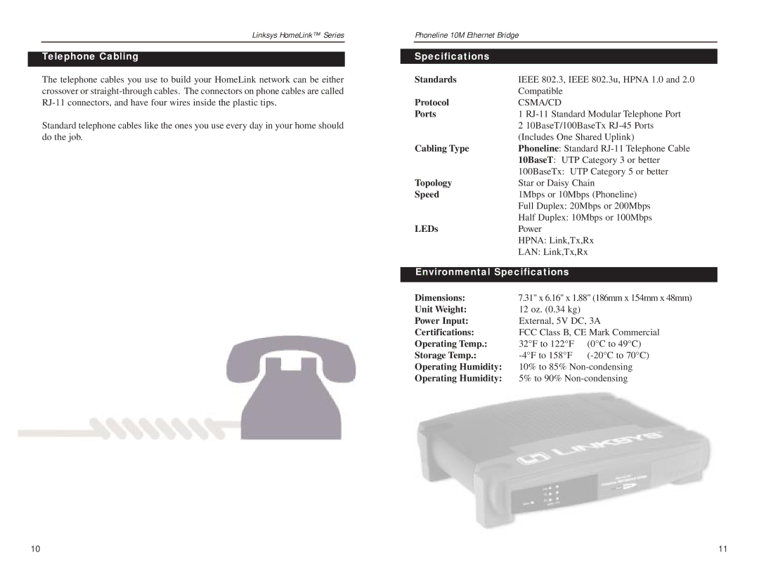 Linksys HPB200 manual Telephone Cabling, Environmental Specifications 