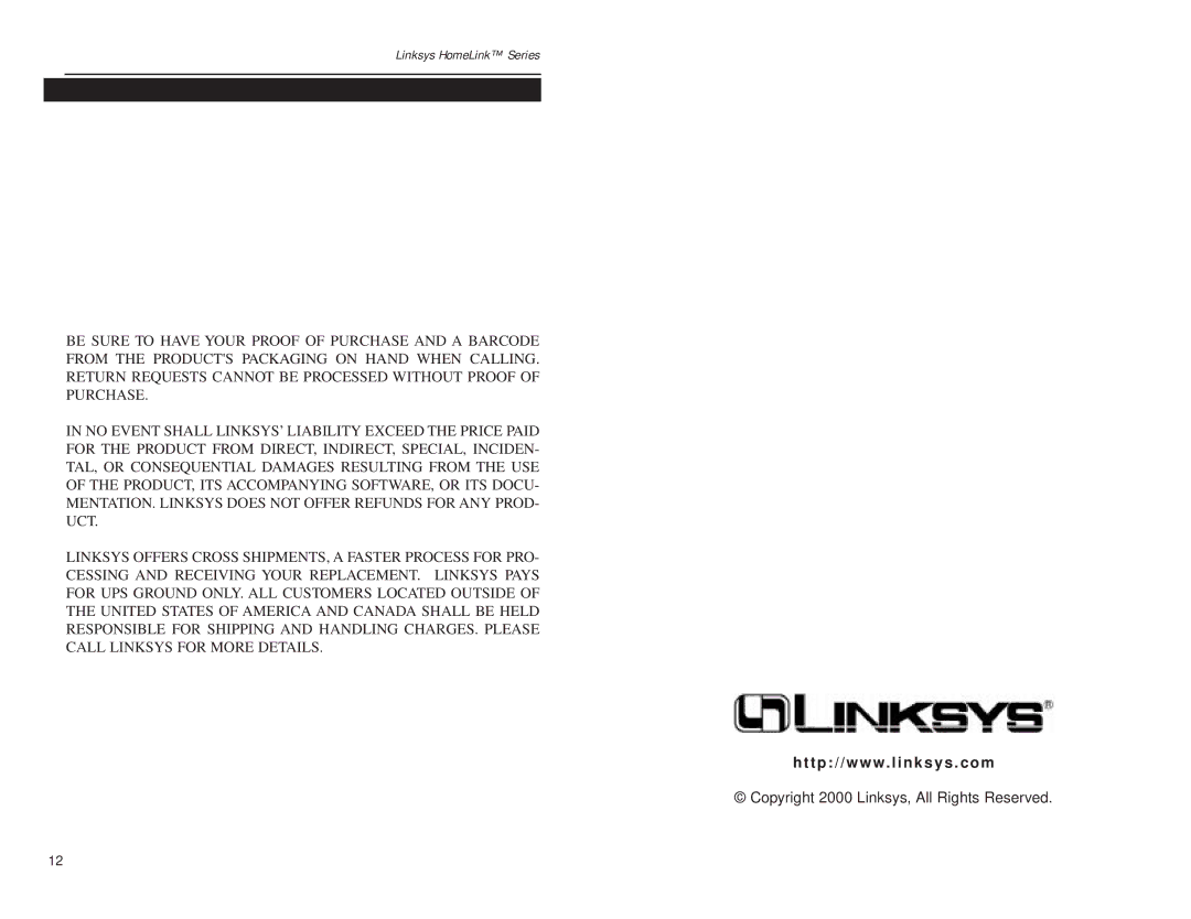 Linksys HPB200 manual Linksys Warranty Information 