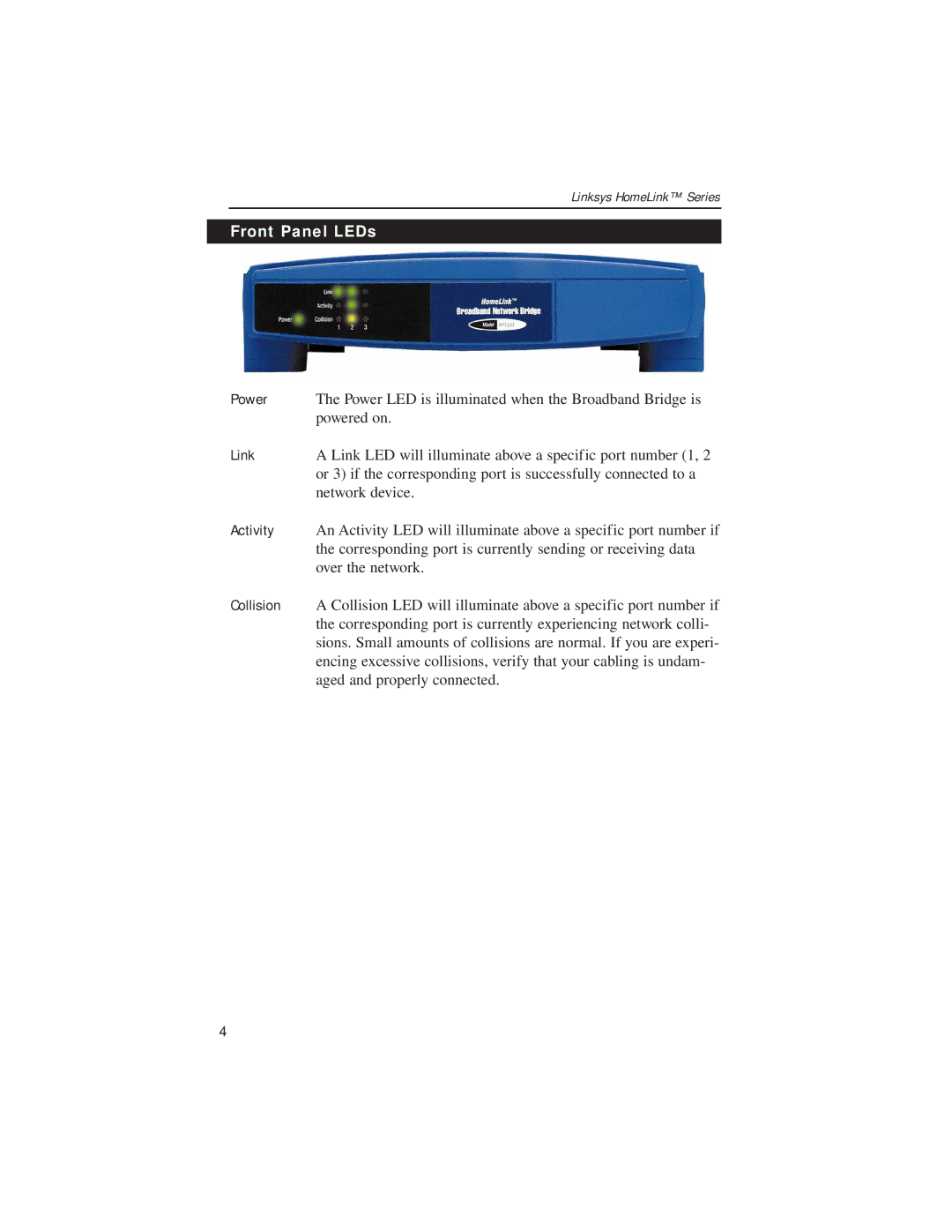 Linksys HPES03 manual Front Panel LEDs, Link, Activity, Collision 