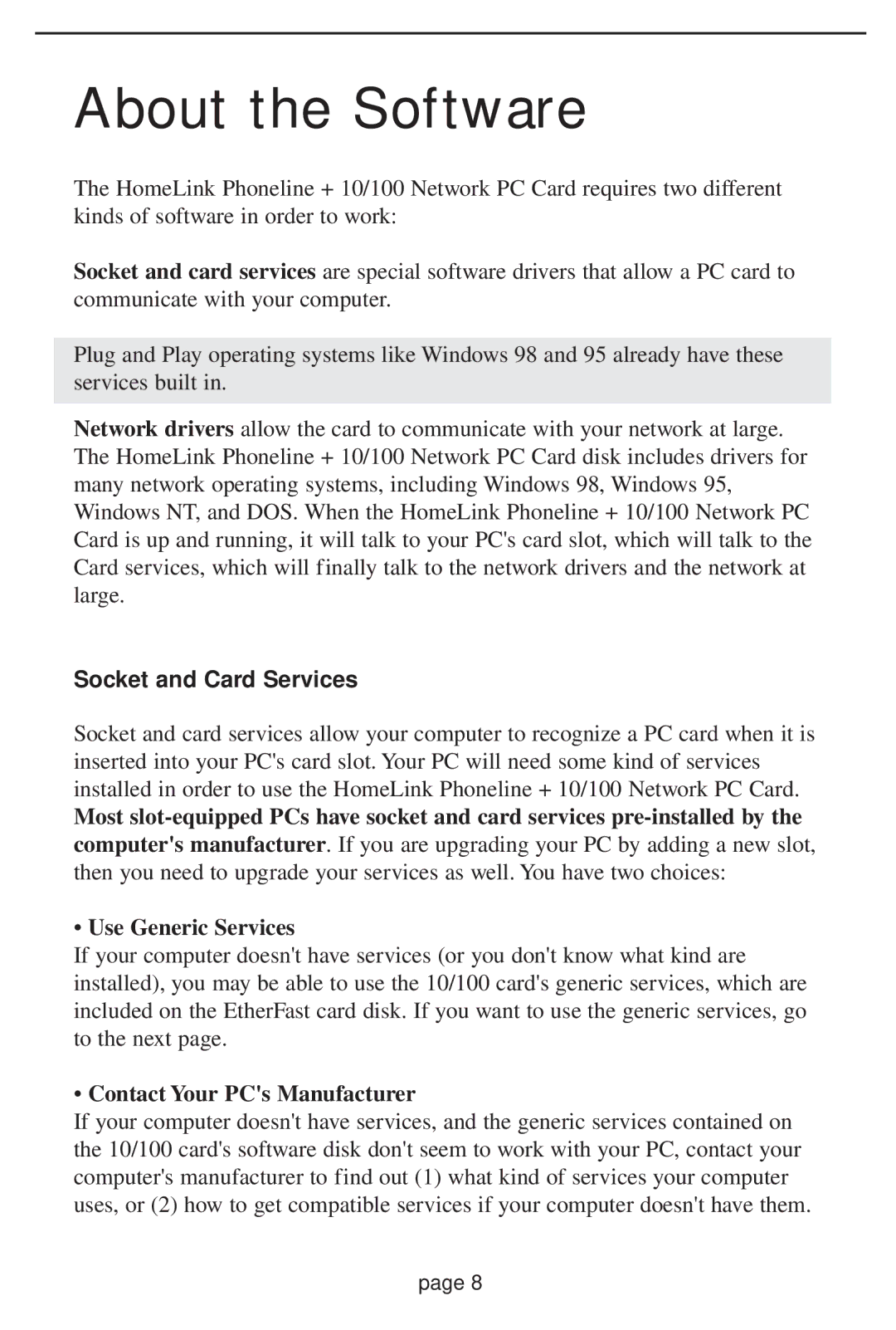 Linksys HPN100 manual About the Software, Socket and Card Services 