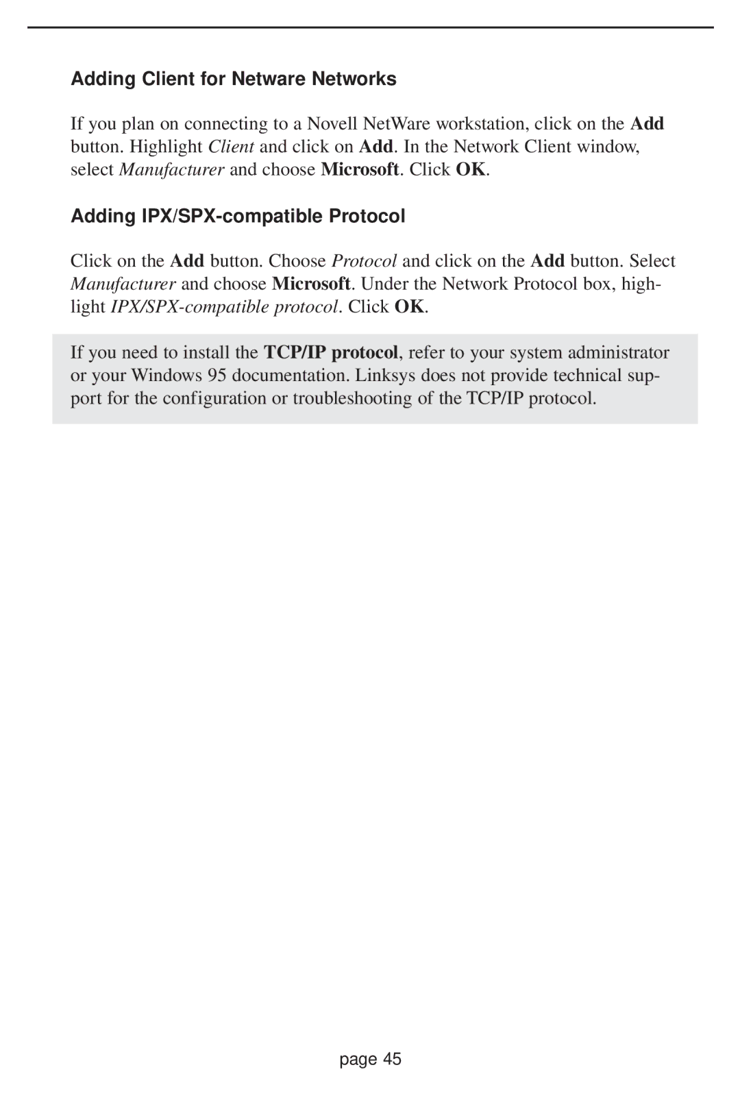 Linksys HPN100 manual Adding Client for Netware Networks, Adding IPX/SPX-compatible Protocol 