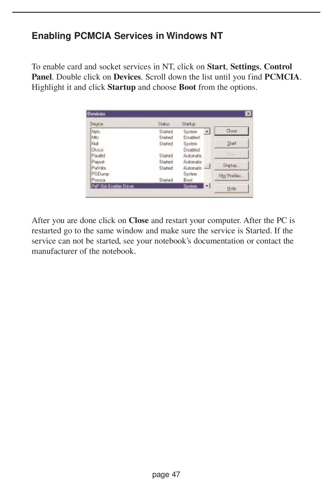 Linksys HPN100 manual Enabling Pcmcia Services in Windows NT 