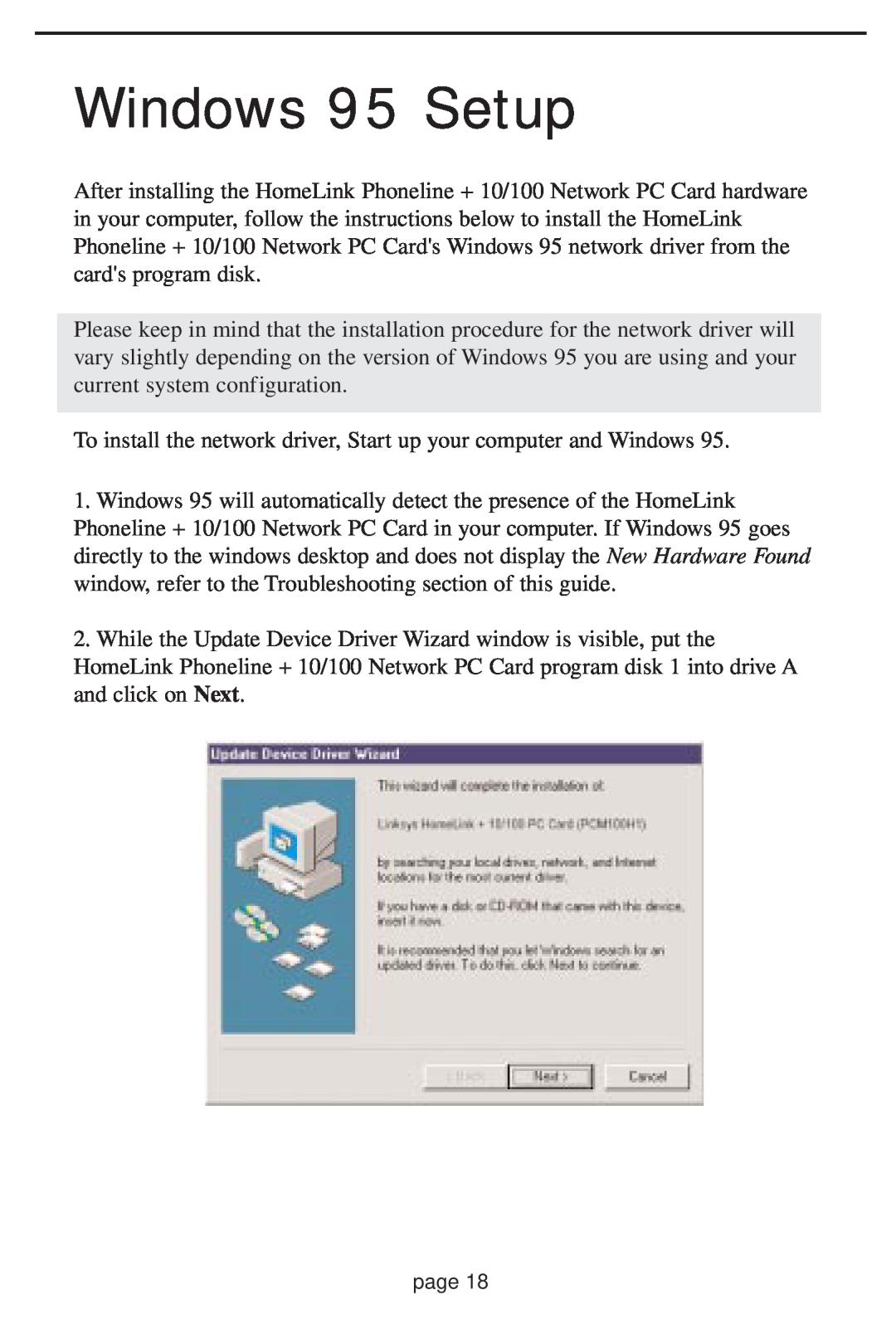 Linksys HPN100 manual Windows 95 Setup 