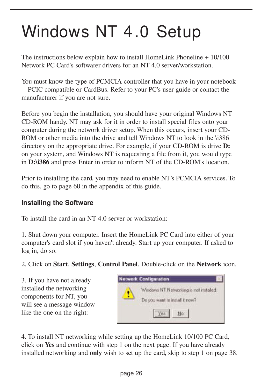 Linksys HPN100 manual Windows NT 4.0 Setup, Installing the Software 
