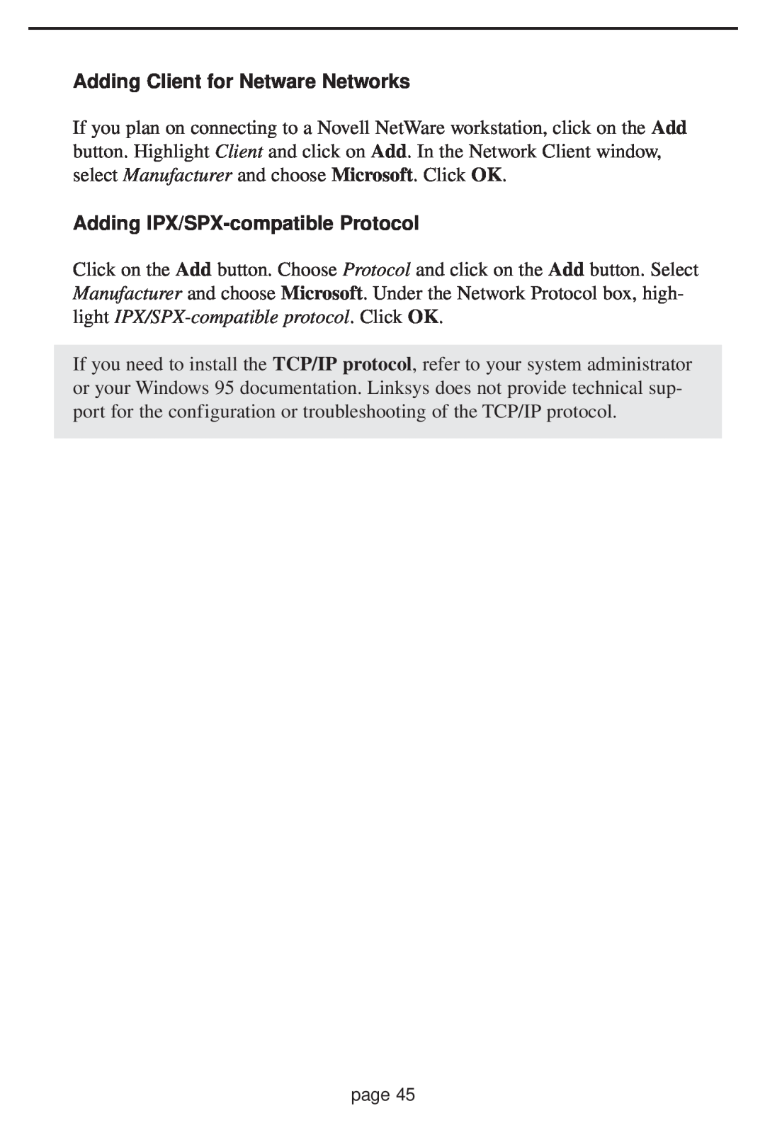 Linksys HPN100 manual Adding Client for Netware Networks, Adding IPX/SPX-compatible Protocol 