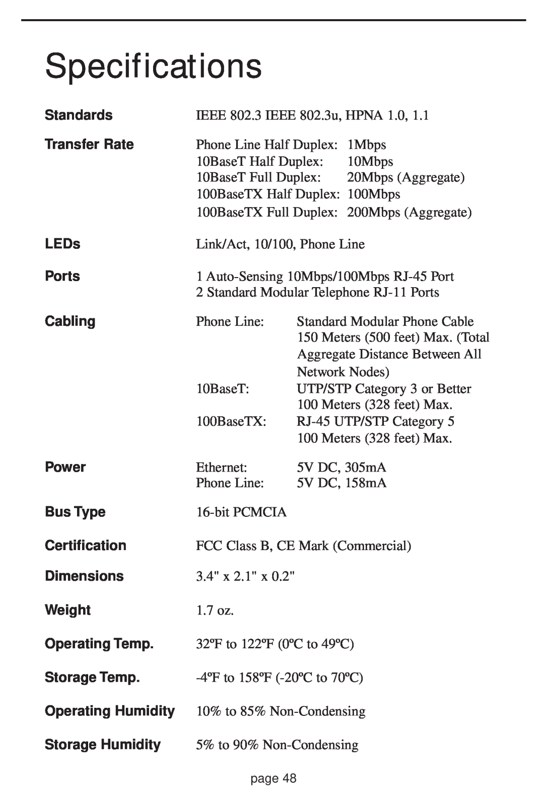 Linksys HPN100 manual Specifications 