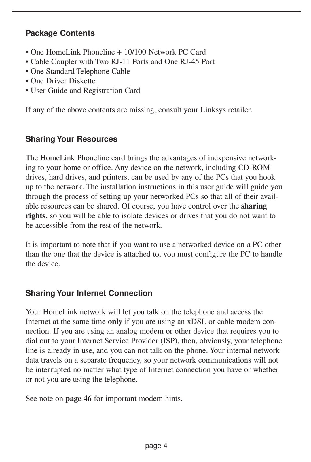 Linksys HPN100 manual Package Contents, Sharing Your Resources, Sharing Your Internet Connection 