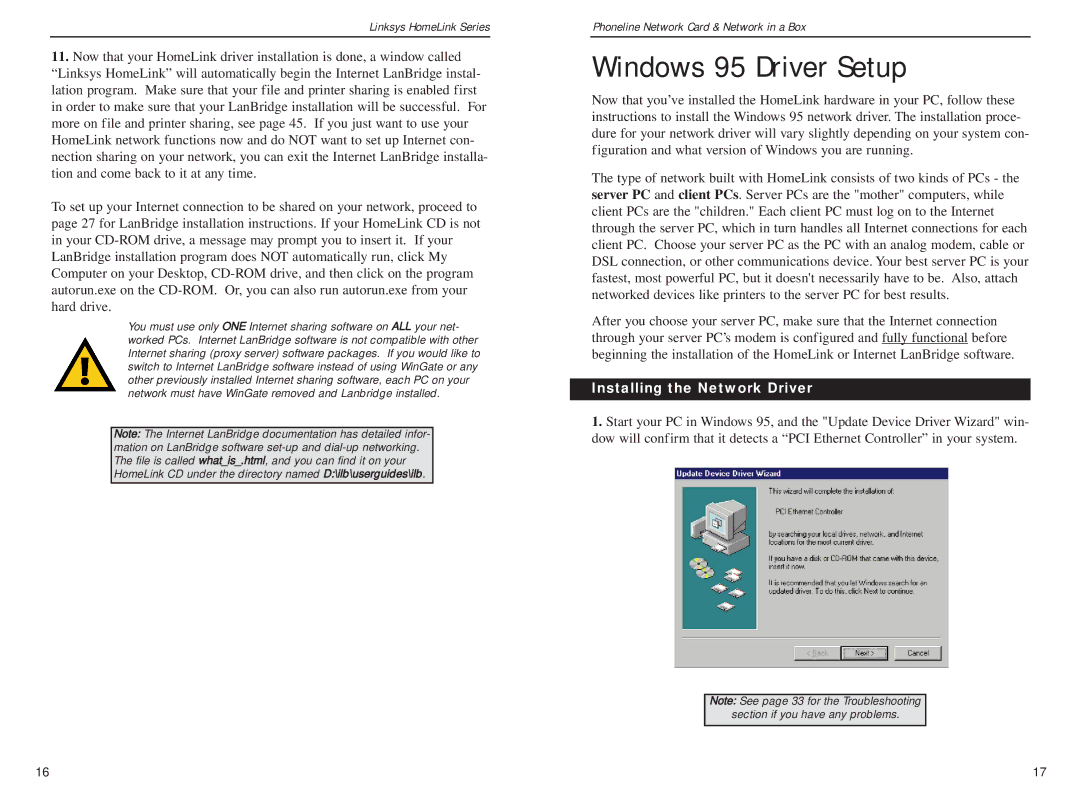 Linksys HPN100SK manual Windows 95 Driver Setup, Installing the Network Driver 