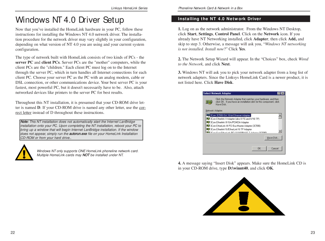 Linksys HPN100SK manual Windows NT 4.0 Driver Setup, Installing the NT 4.0 Network Driver 