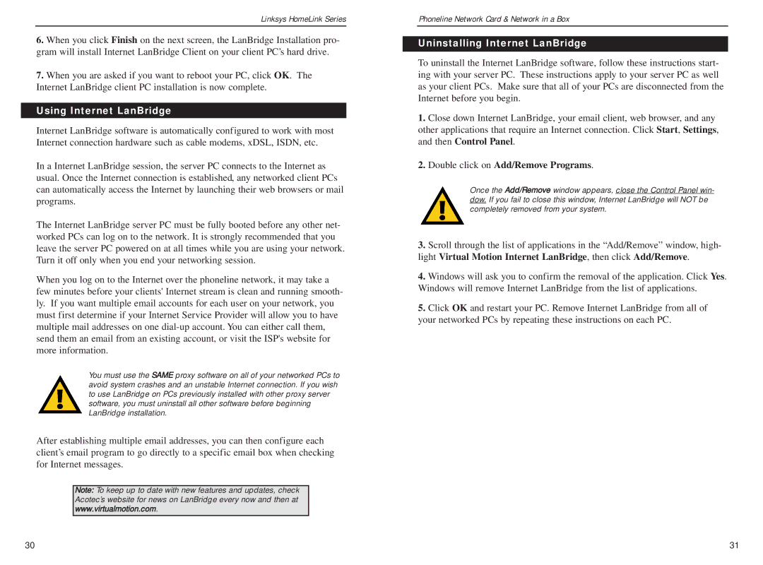 Linksys HPN100SK manual Using Internet LanBridge, Uninstalling Internet LanBridge 