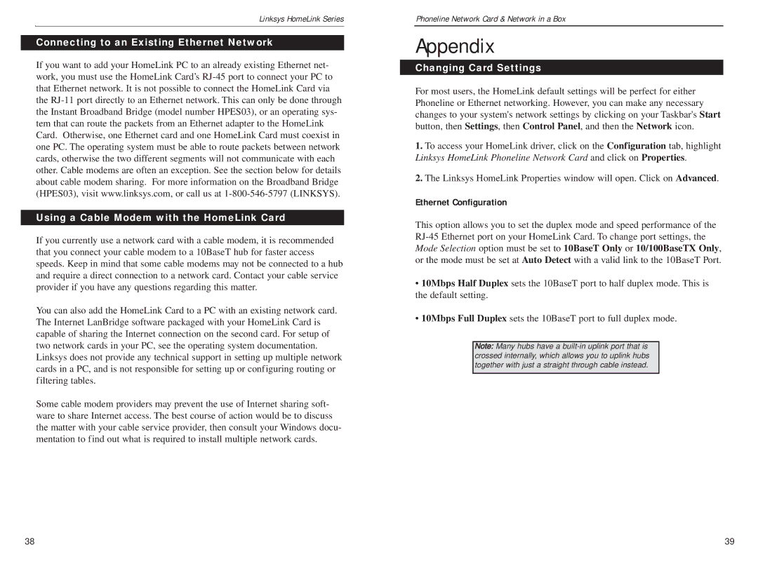 Linksys HPN100SK manual Appendix, Changing Card Settings, Ethernet Configuration 