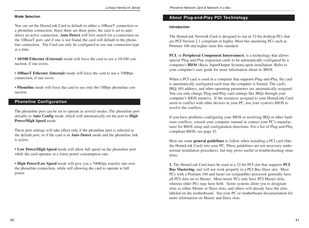 Linksys HPN100SK manual Mode Selection, Phoneline Configuration, About Plug-and-Play PCI Technology, Introduction 