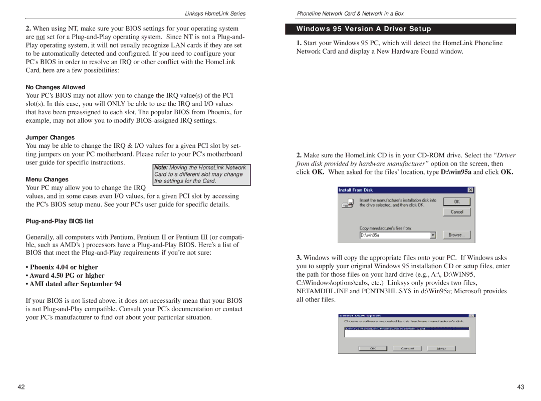 Linksys HPN100SK manual No Changes Allowed, Jumper Changes, Plug-and-Play Bios list, Windows 95 Version a Driver Setup 