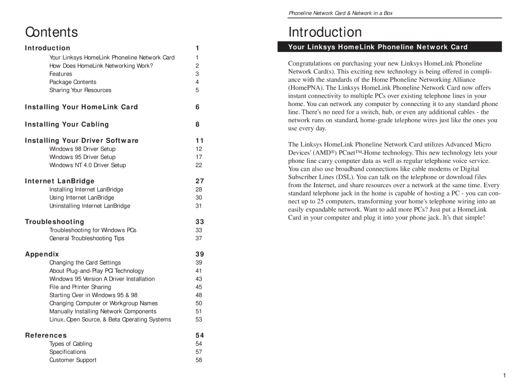 Linksys HPN100SK manual Contents, Introduction 