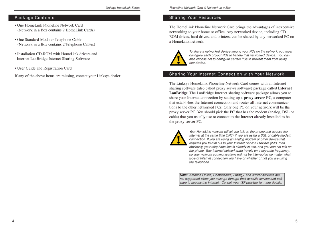 Linksys HPN100SK manual Package Contents, Sharing Your Resources, Sharing Your Internet Connection with Your Network 