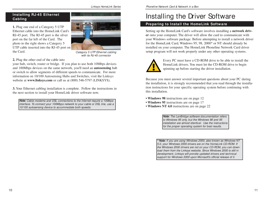 Linksys HPN100SK manual Installing the Driver Software, Installing RJ-45 Ethernet Cabling, Card 