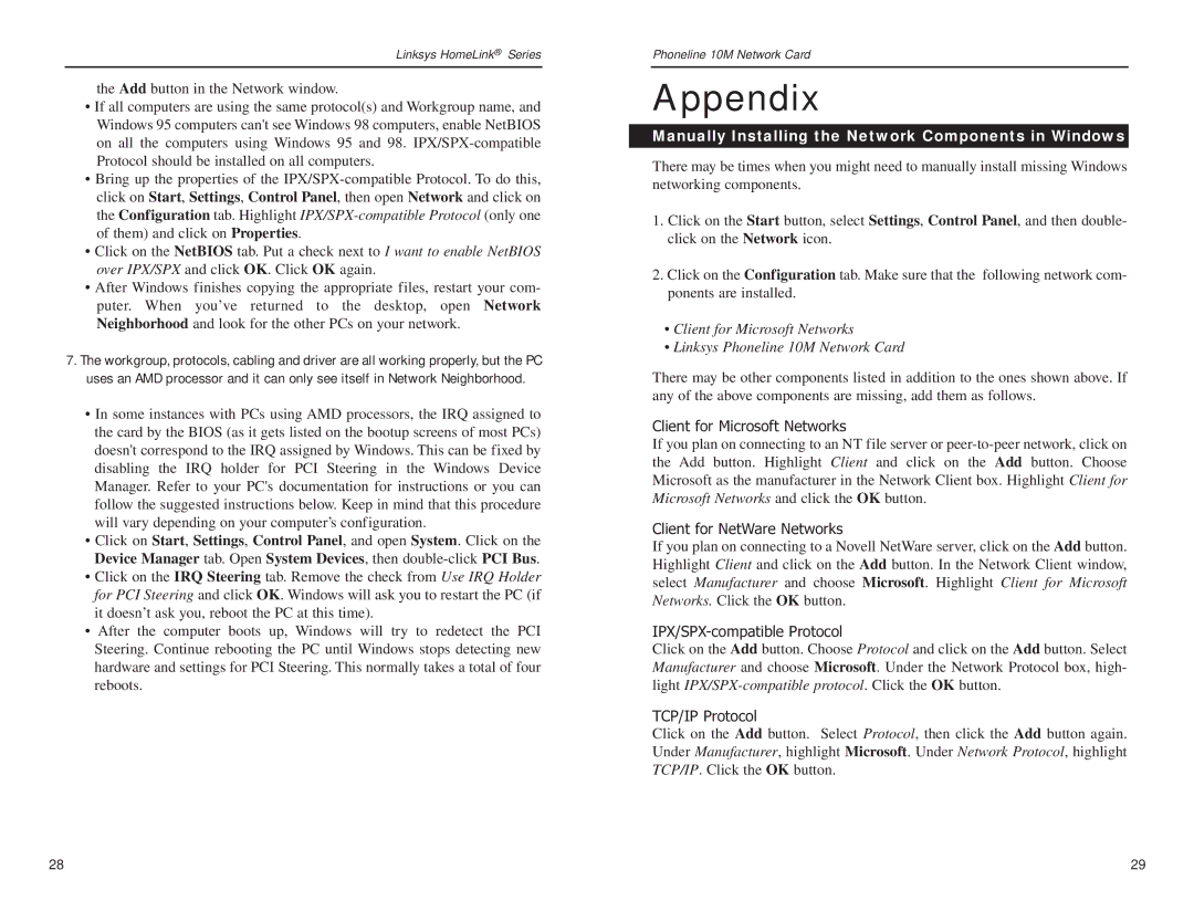 Linksys HPN200 manual Appendix, Manually Installing the Network Components in Windows 