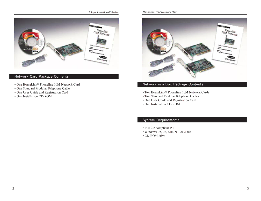 Linksys HPN200 manual Network Card Package Contents, Network in a Box Package Contents, System Requirements 