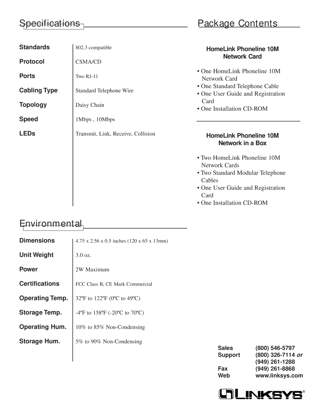 Linksys HPN200SK warranty Specifications, Environmental, Package Contents 