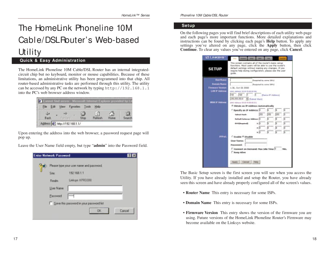 Linksys HPPO200 manual HomeLink Phoneline 10M Cable/DSL Router’s Web-based Utility, Quick & Easy Administration, Setup 